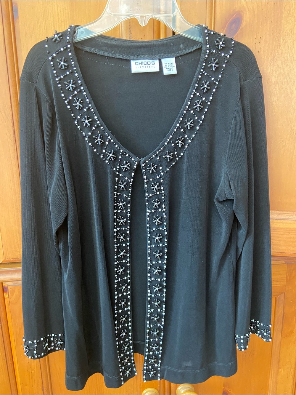 Chico's Black Beaded Open-Front Cardigan Jacket